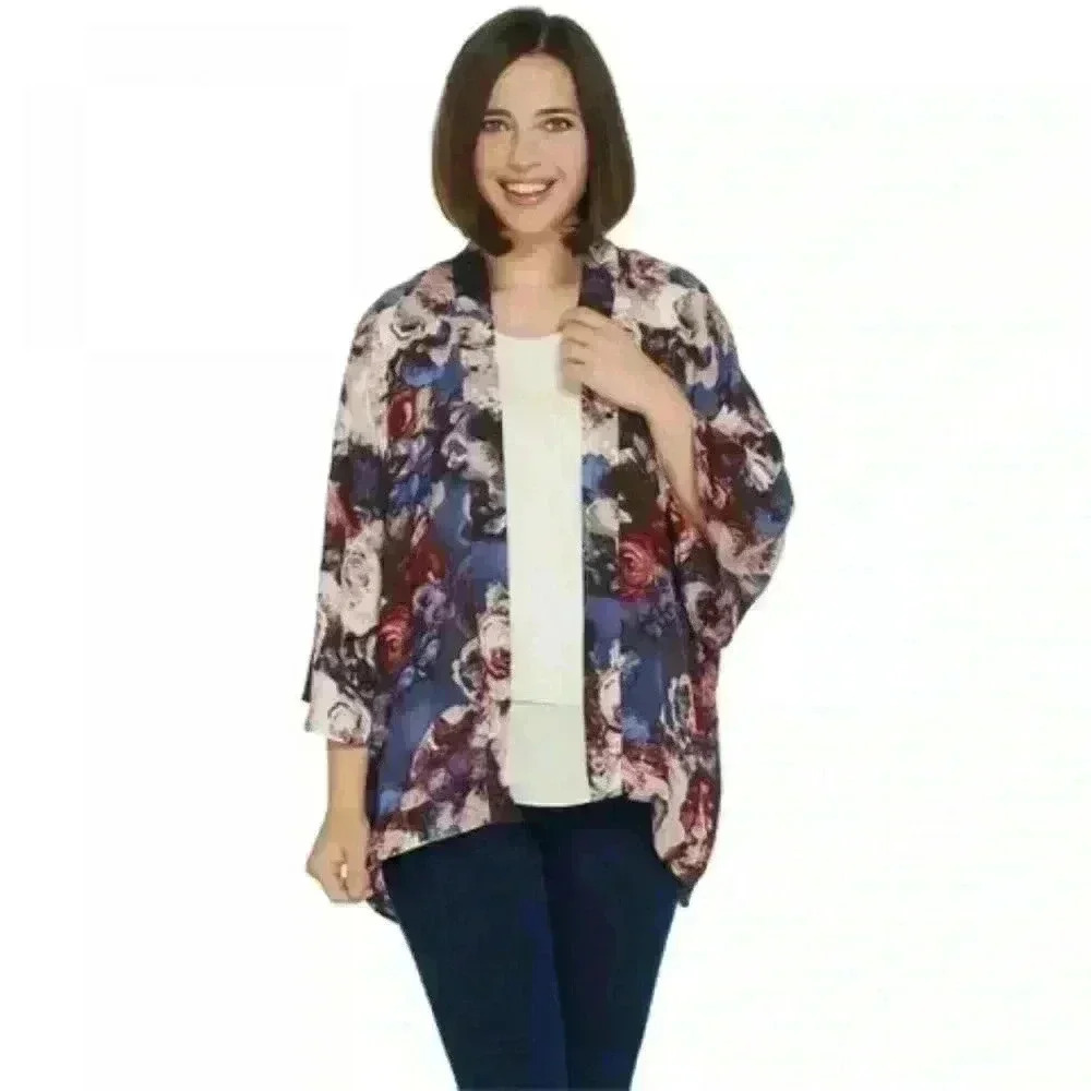 Laurie felt  floral open cardigan kimono purple and red/blue size small
